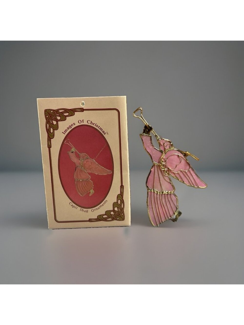 Vtg Russ Angel w/ Capiz Shell horn Pink Acrylic Stained Glass Gold Tone Ornament